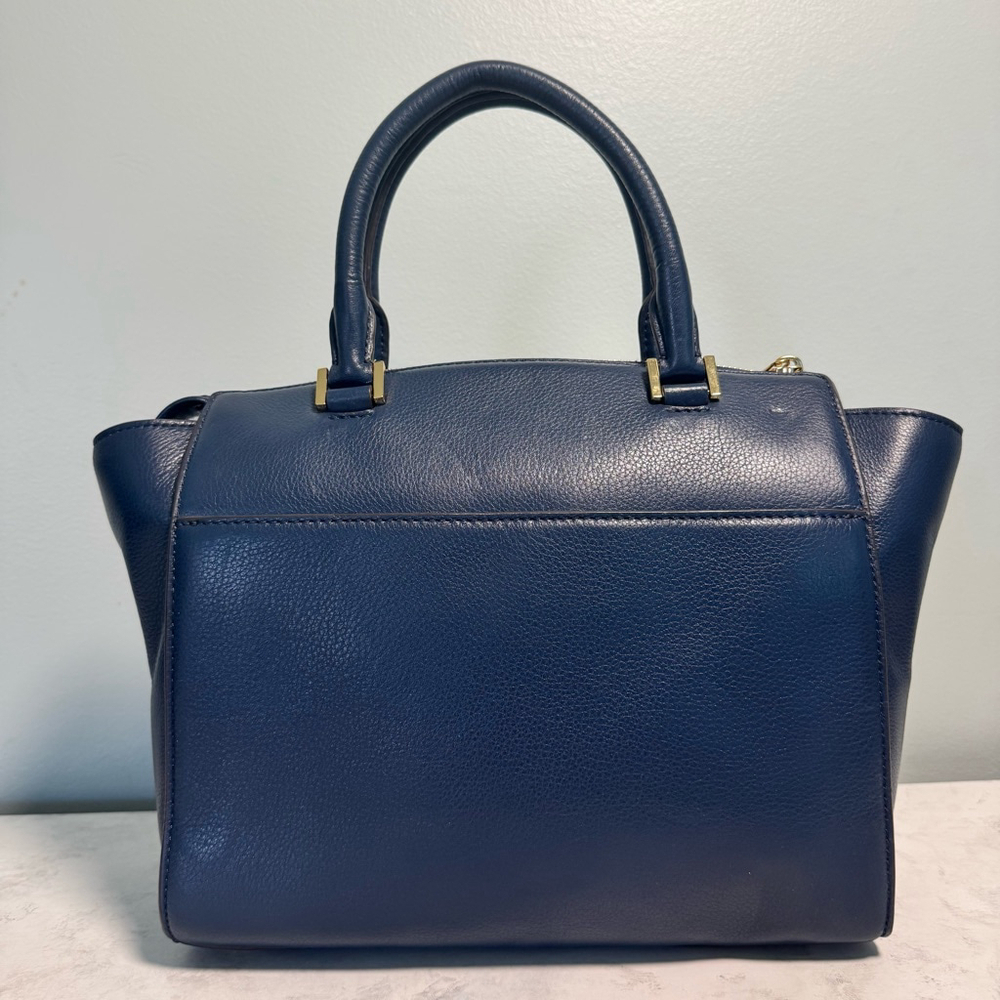 Women's Michael Kors Leather Large Hudson Satchel Tote Navy Blue Gold Logo - Picture 3 of 16